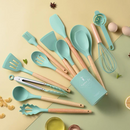 Kit Jogo de Cozinha Silicone, Utensílios e Copo Suporte para Cozinheiro Cabo de Madeira MasterChef